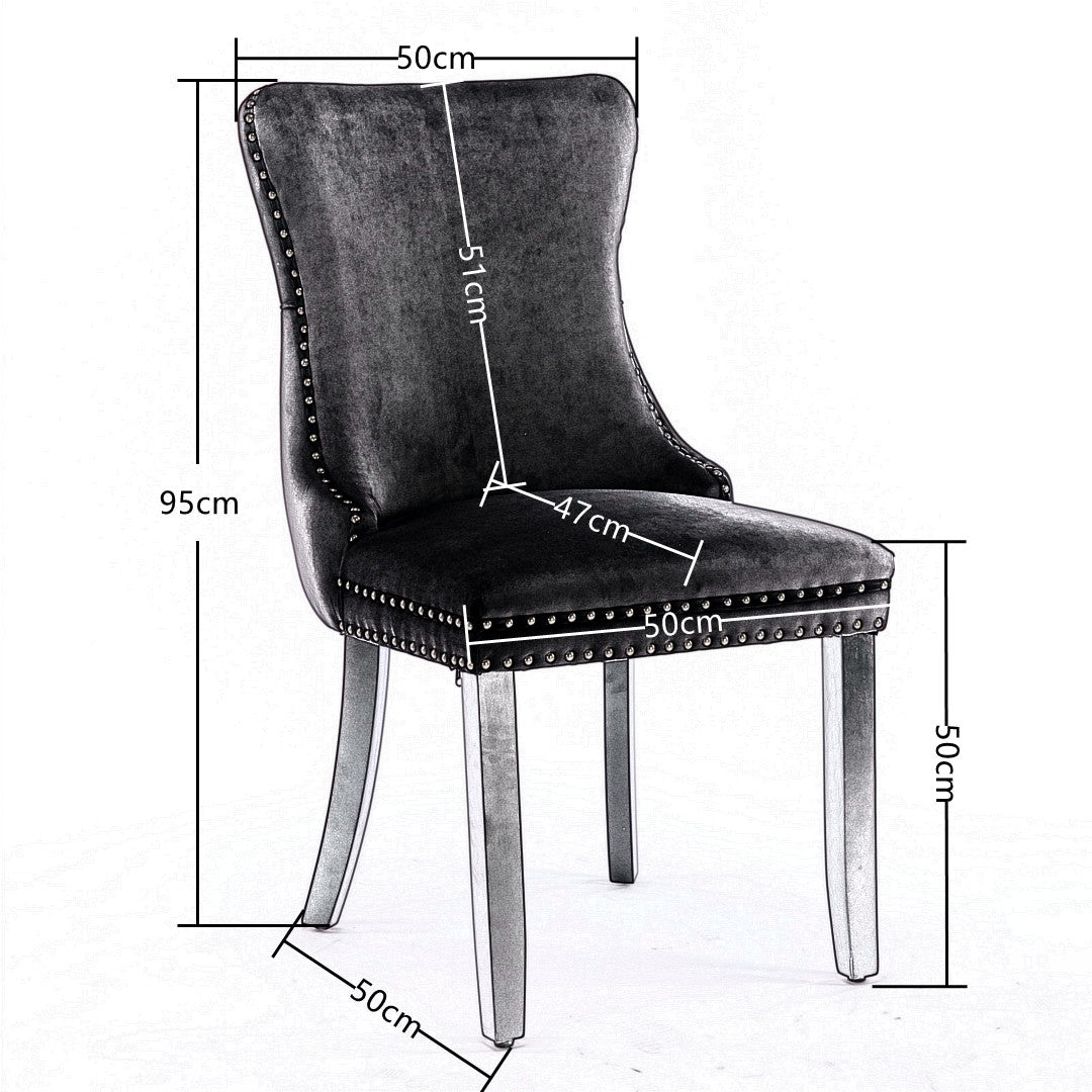 6x Velvet Upholstered Dining Chairs Tufted Wingback Side Chair with Studs Trim Solid Wood Legs for K