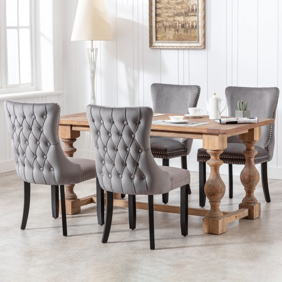 6x Velvet Upholstered Dining Chairs Tufted Wingback Side Chair with Studs Trim Solid Wood Legs for K