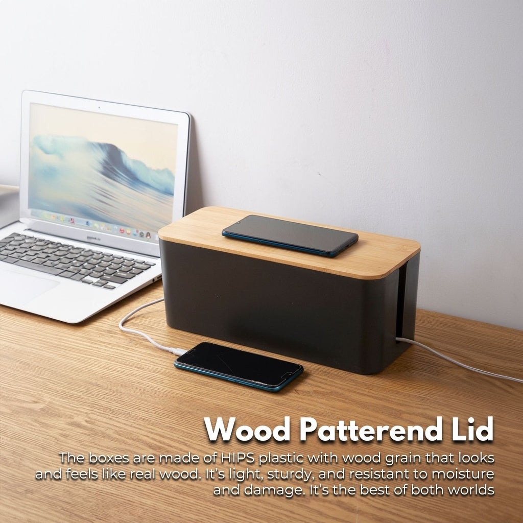 Set of Two Black Cable Management Boxes with Stylish Bamboo Lids