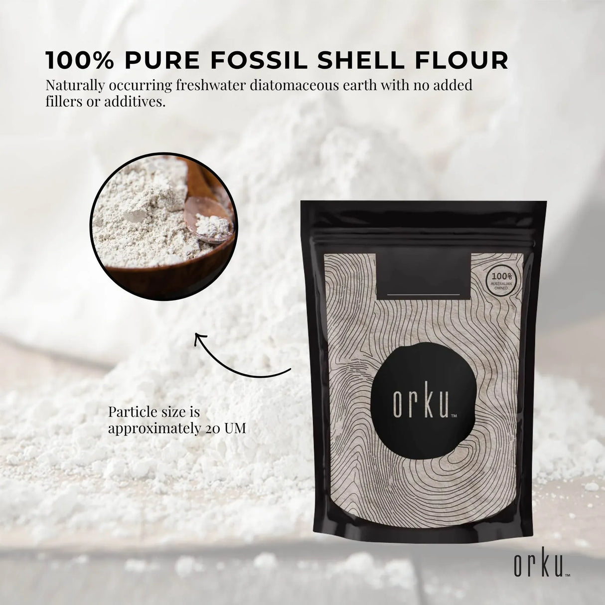 Orku 400g Fine Diatomaceous Earth - Food Grade FCC Fossil Shell Flour Powder