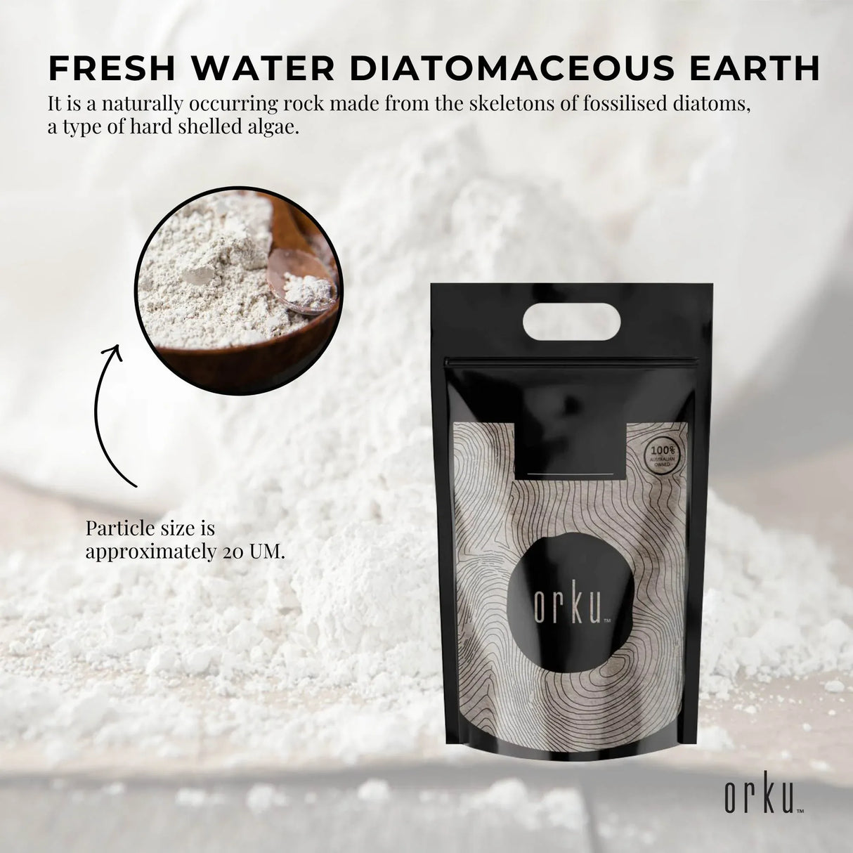 Orku 22.6kg Fine Diatomaceous Earth - Food Grade Fossil Shell Flour Powder Bulk