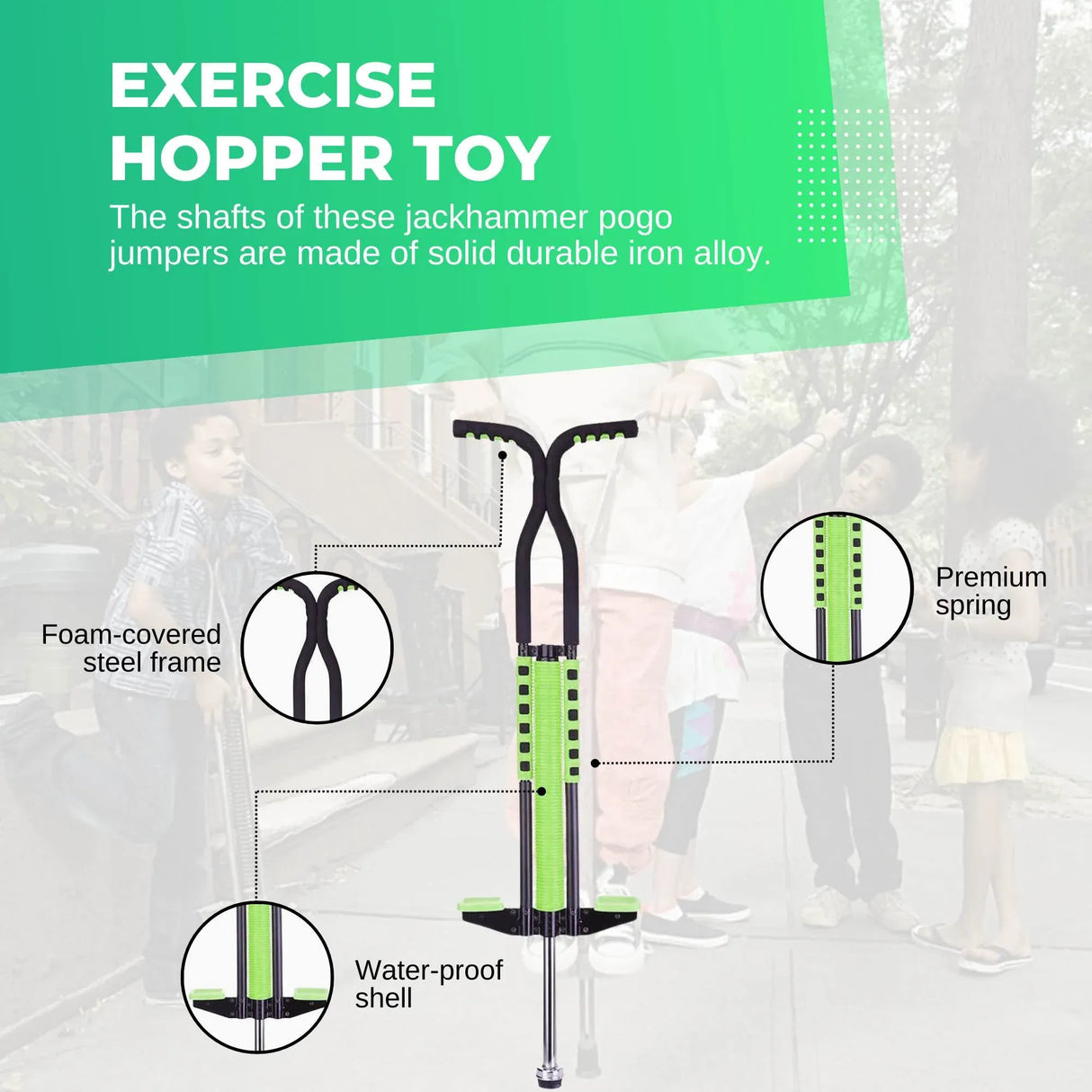 Social Hike Green Pogo Stick - Kids Jumping Jackhammer Exercise Hopper Toy