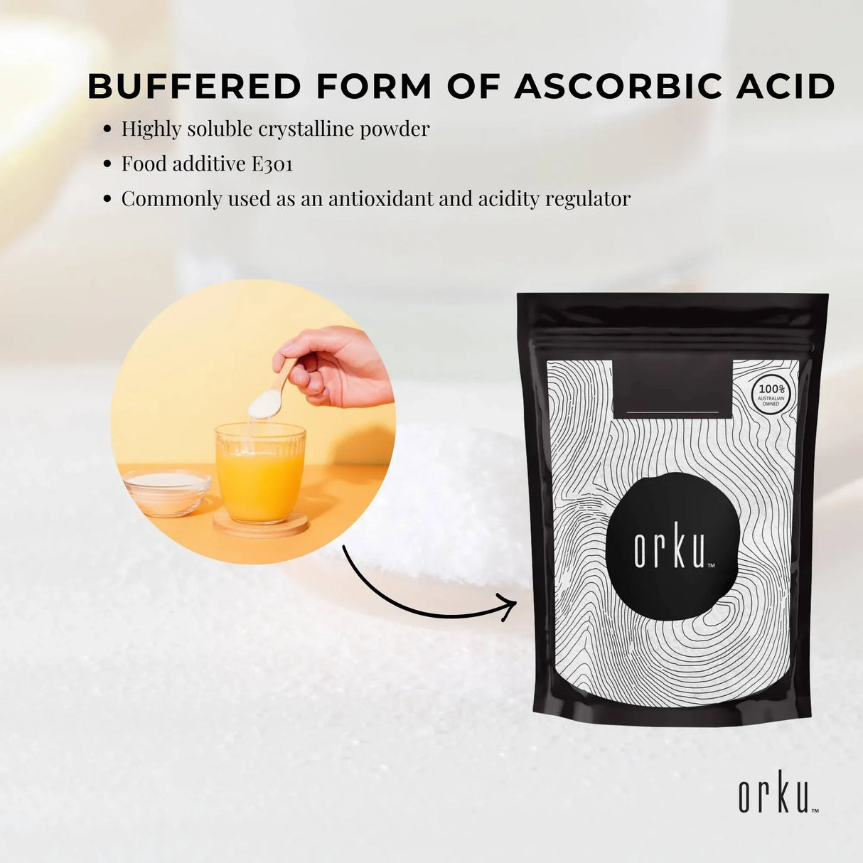 Orku 100g Sodium Ascorbate - High Purity Soluble Crystalline Powder Ingredient