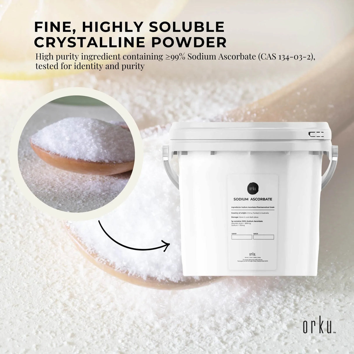 Orku 5Kg Sodium Ascorbate Tub - High Purity Soluble Crystalline Powder