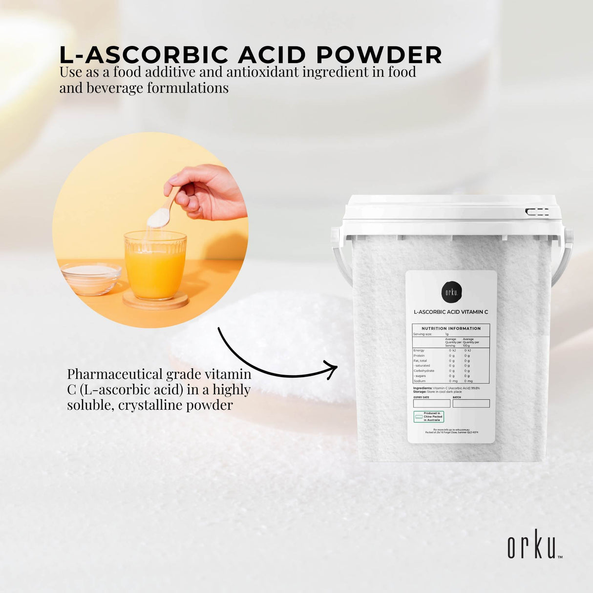 Orku 1.3Kg Vitamin C Powder in Tub Pure L-Ascorbic Acid - USP Grade Non-GMO