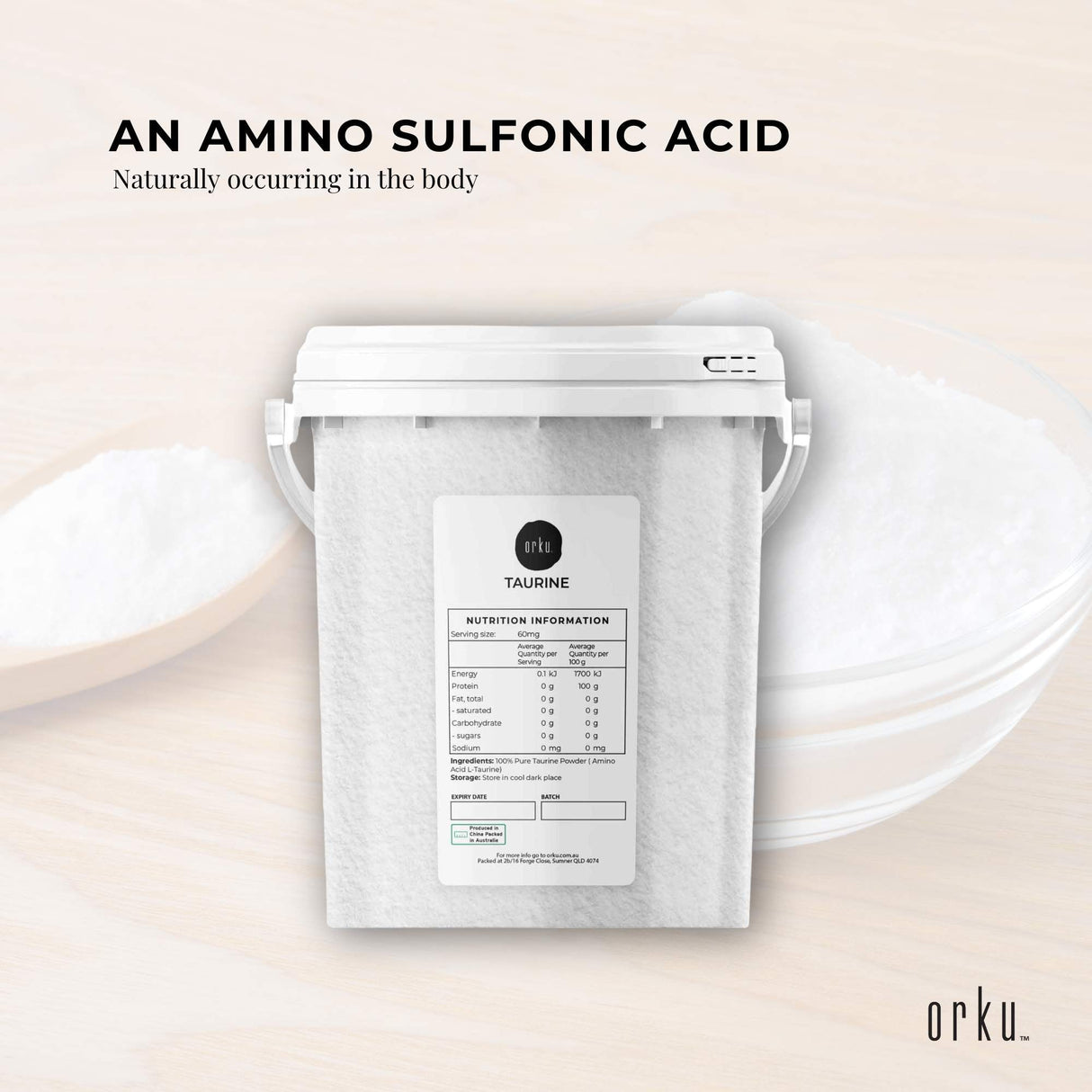Orku 1.3kg Taurine Powder Tub - High Purity L-Taurine Amino Acid Ingredient