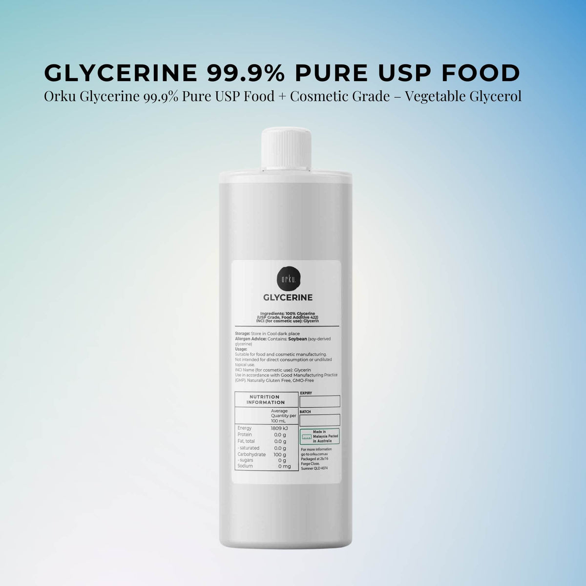 Orku 250ml Glycerine 99.9% Pure USP Food + Cosmetic Grade – Vegetable Glycerol