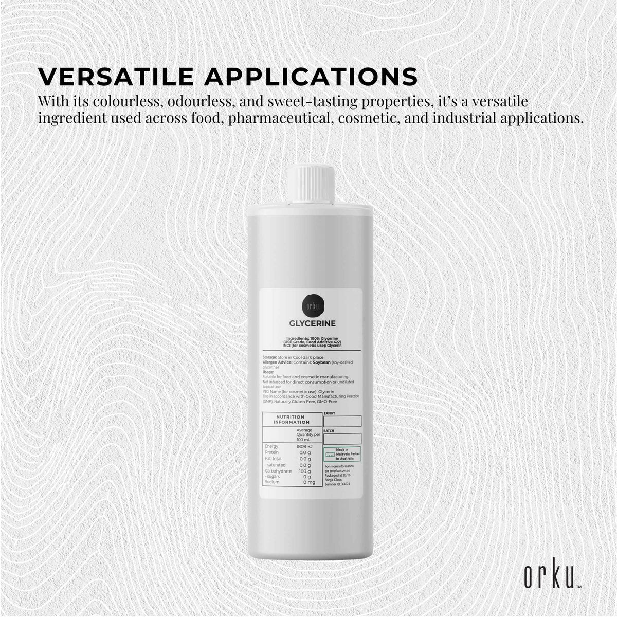 Orku 250ml Glycerine 99.9% Pure USP Food + Cosmetic Grade – Vegetable Glycerol