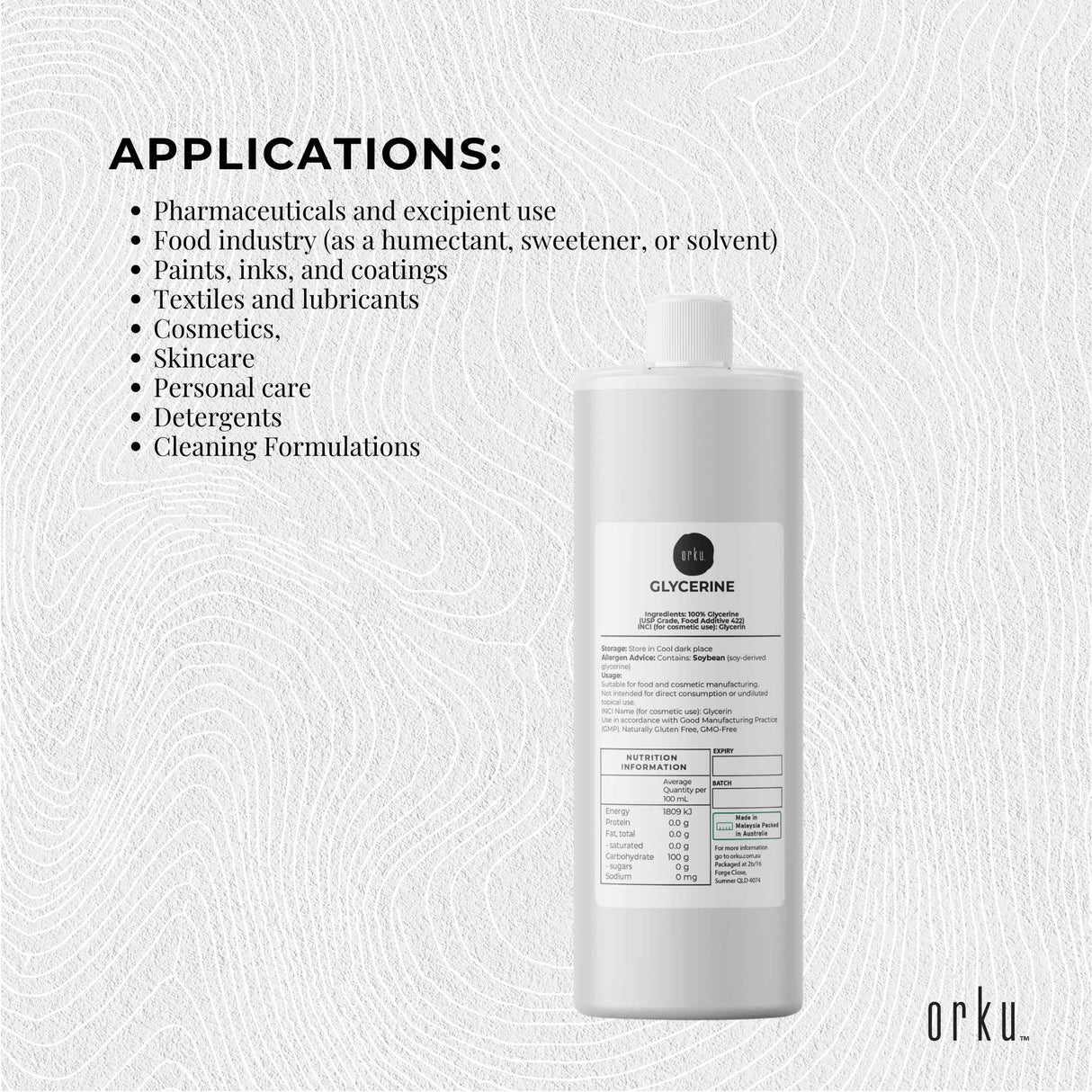 Orku 250ml Glycerine 99.9% Pure USP Food + Cosmetic Grade Vegetable Glycerol