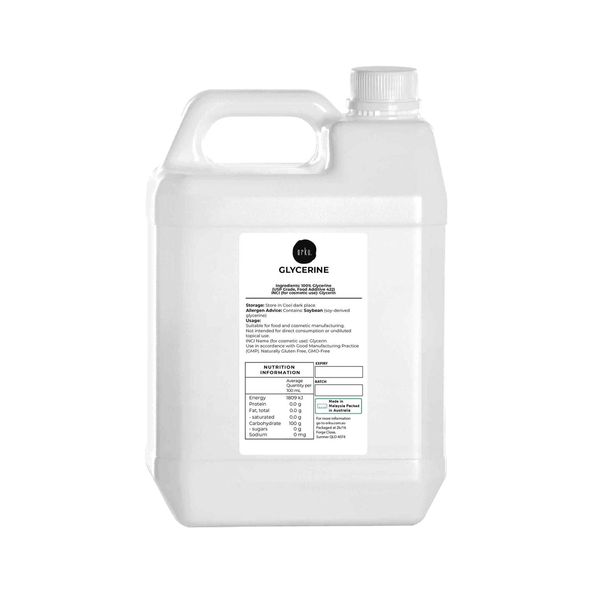 Orku 5L Glycerine 99.9% Pure USP Food + Cosmetic Grade Vegetable Glycerol