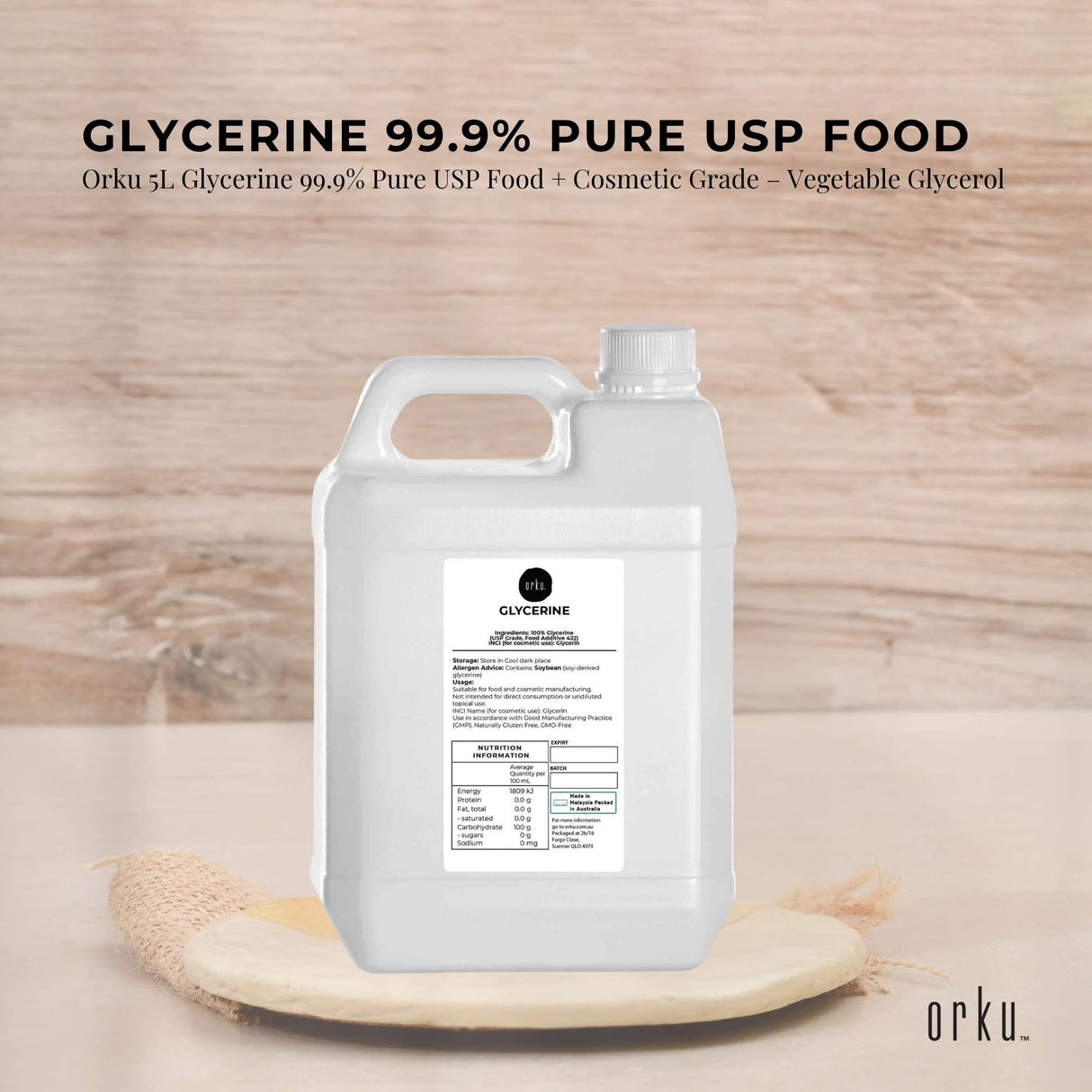 Orku 5L Glycerine 99.9% Pure USP Food + Cosmetic Grade – Vegetable Glycerol