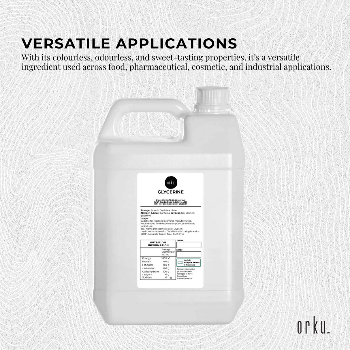 Orku 5L Glycerine 99.9% Pure USP Food + Cosmetic Grade Vegetable Glycerol