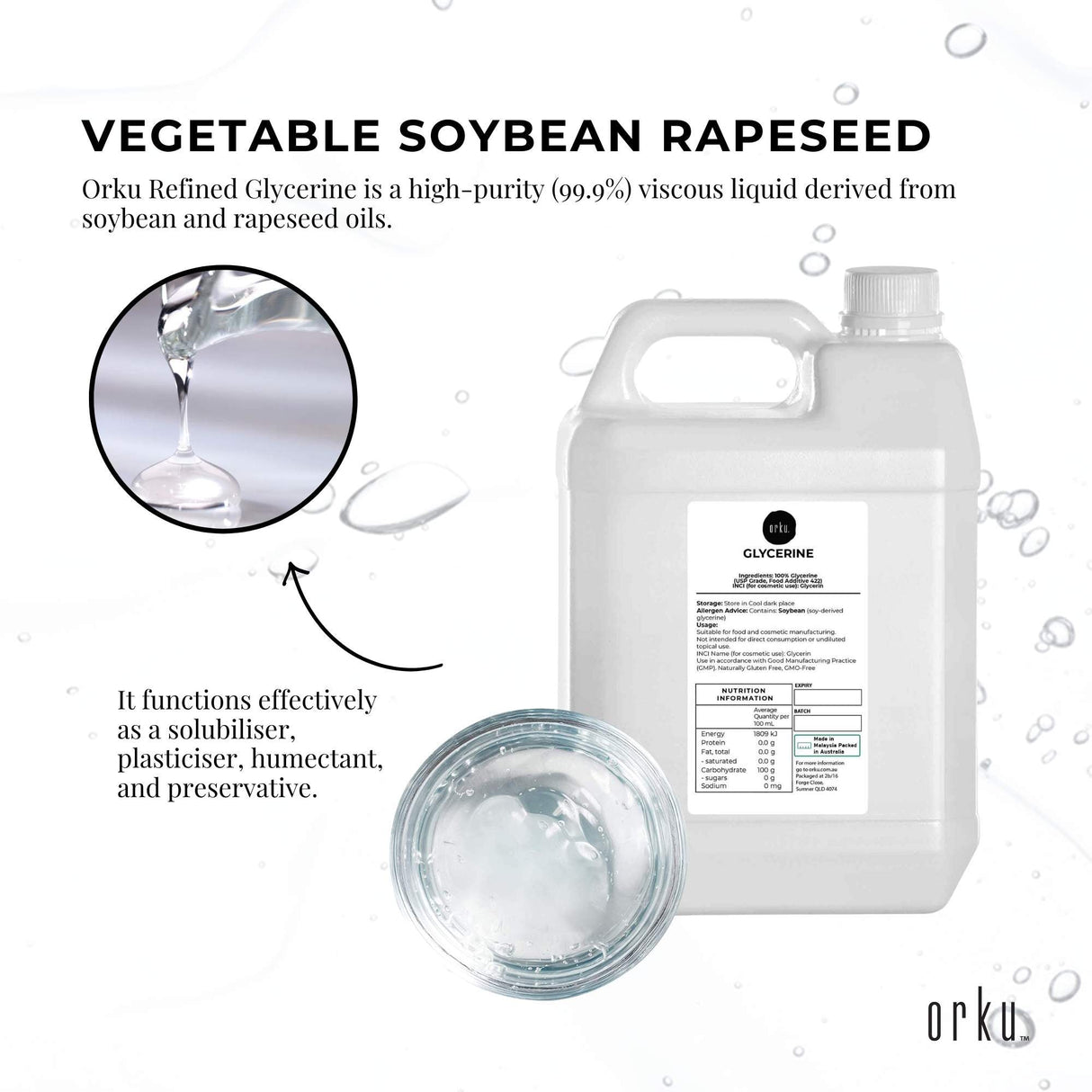 Orku 5L Glycerine 99.9% Pure USP Food + Cosmetic Grade – Vegetable Glycerol