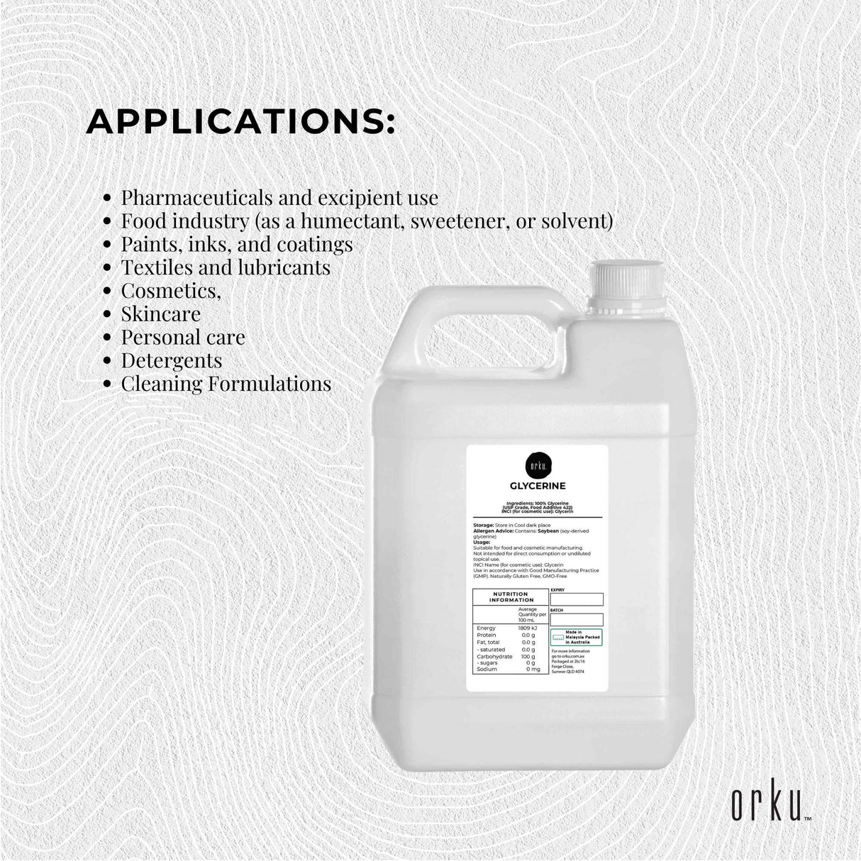 Orku 5L Glycerine 99.9% Pure USP Food + Cosmetic Grade – Vegetable Glycerol