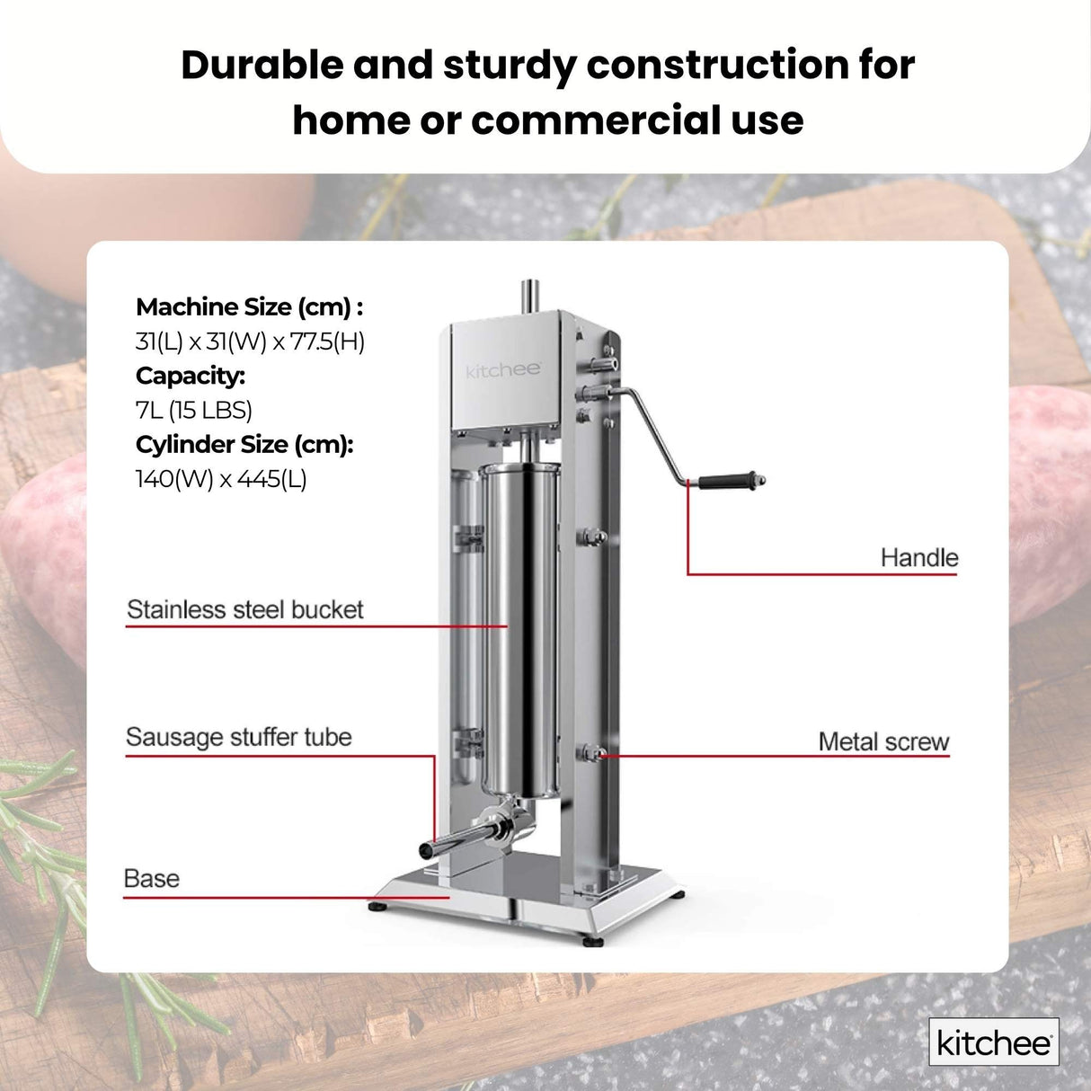 7L Stainless Steel Manual Vertical Sausage Stuffer Machine with Multiple Nozzles
