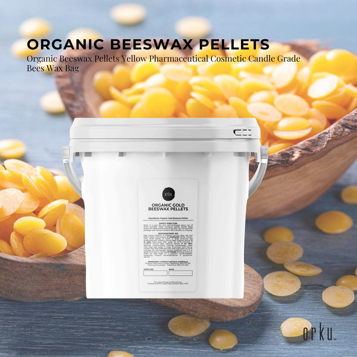 Orku 2.5Kg Organic Beeswax Pellets Yellow Tub - Cosmetic Grade Bees Wax Pastille