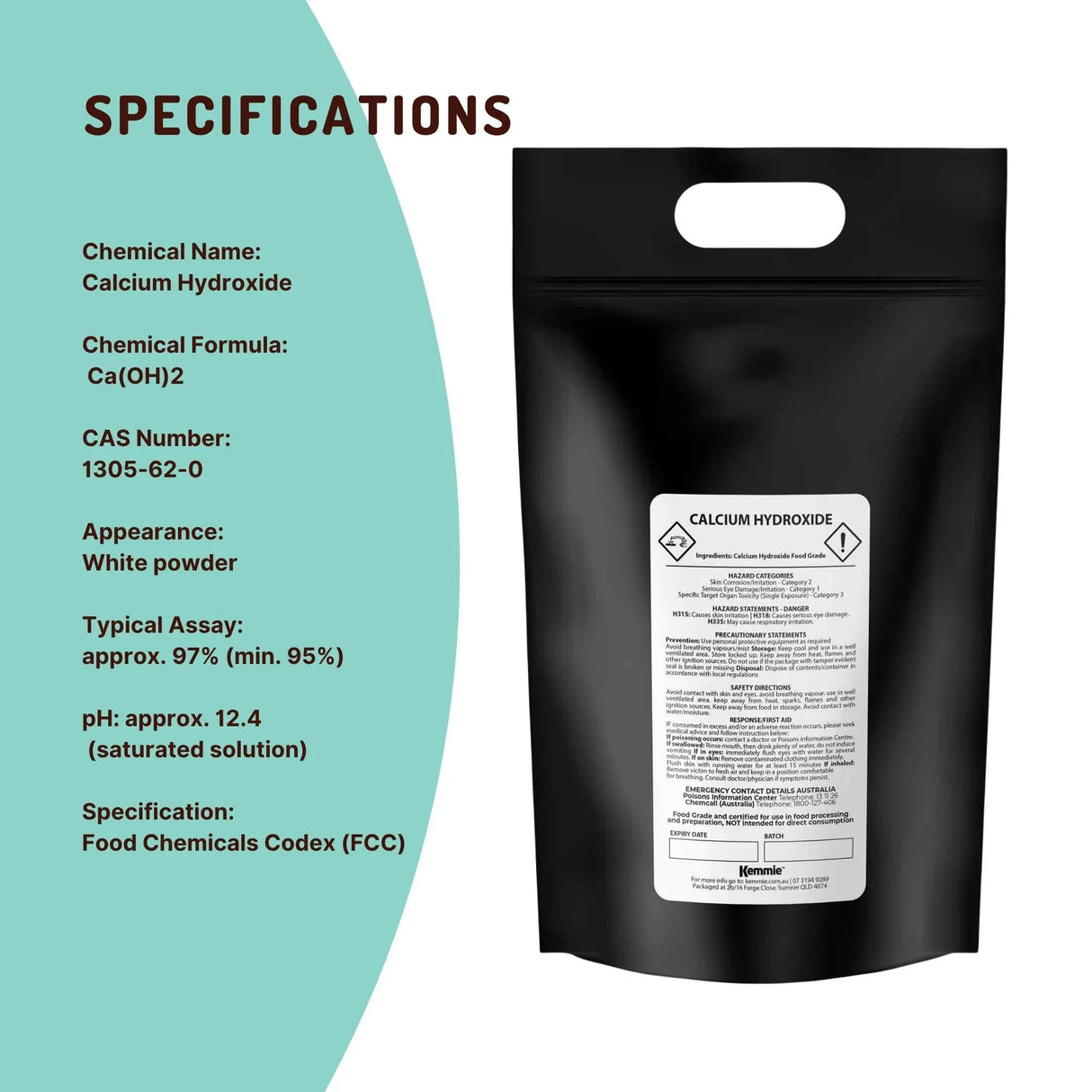 Kemmie Bulk 10Kg Calcium Hydroxide Powder - Food Grade Pickling Lime Slaked FCC