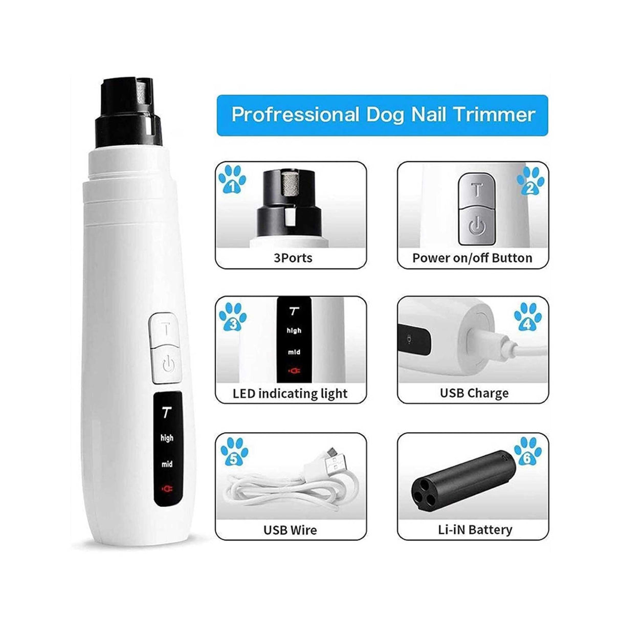 Electric Pet Nail Grinder for Dogs & Cats - Rechargeable Turbo Trimmer with LED Display & Whisper-Quiet Technology