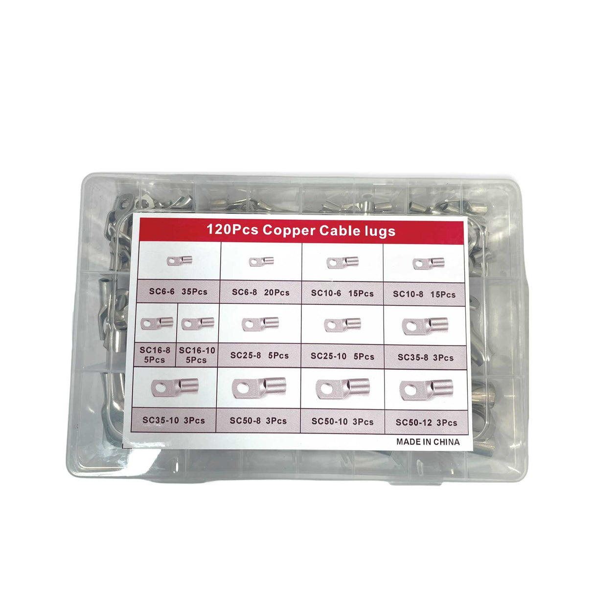Complete 120-Piece Set of Tin-Plated Copper Cable Lugs with Storage Container for Electrical Connections