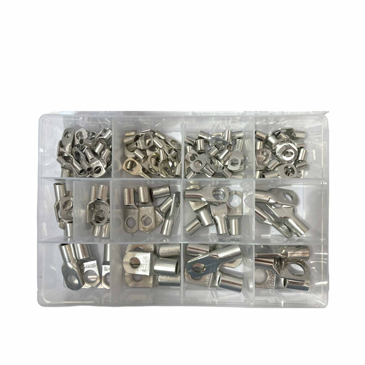 Complete 120-Piece Set of Tin-Plated Copper Cable Lugs with Storage Container for Electrical Connections