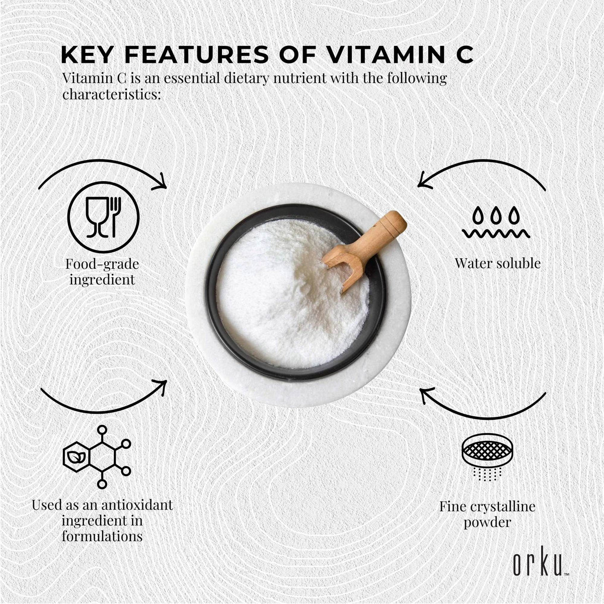 Orku 100g Vitamin C Powder Pure L-Ascorbic Acid - USP Grade Non-GMO
