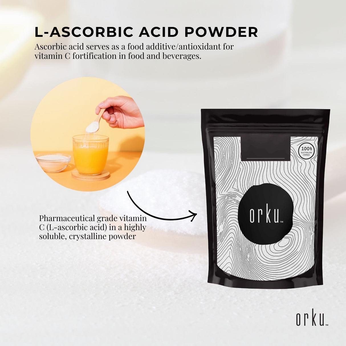 Orku 100g Vitamin C Powder Pure L-Ascorbic Acid - USP Grade Non-GMO