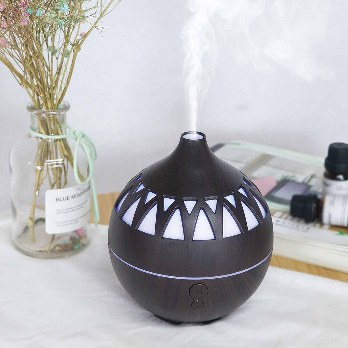 Ultrasonic Essential Oil Diffuser - 180ml Dark Wood USB Humidifier with LED Lights
