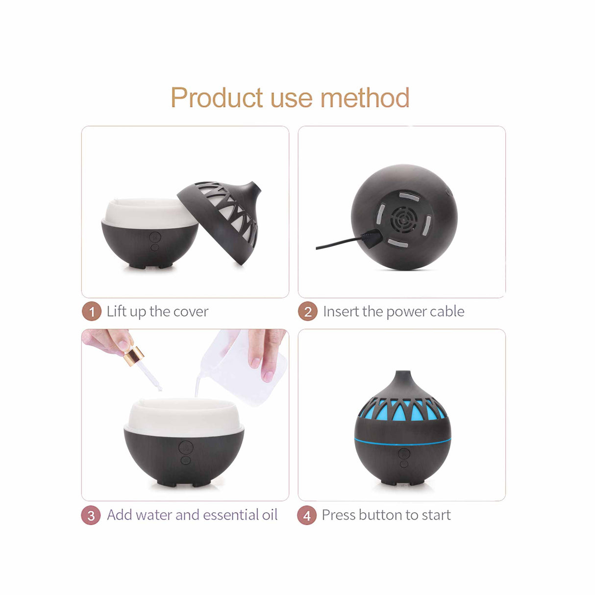 Ultrasonic Essential Oil Diffuser - 180ml Dark Wood USB Humidifier with LED Lights