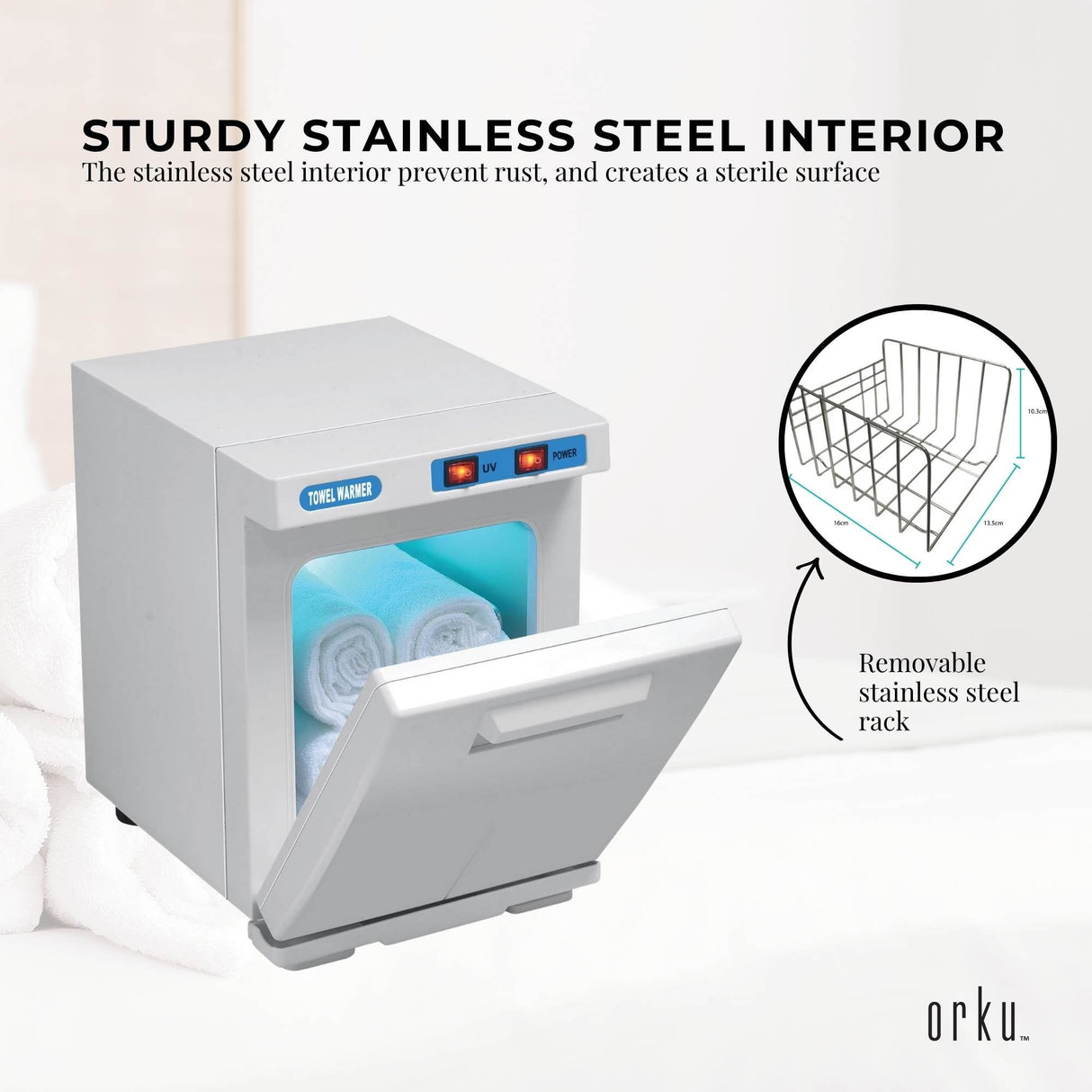 Compact 5L White Electric Towel Warmer with UV Sterilisation and Heater for Home and Spa Use