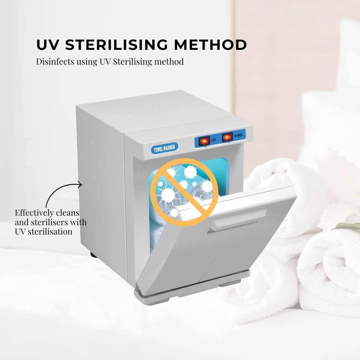Compact 5L White Electric Towel Warmer with UV Sterilisation and Heater for Home and Spa Use