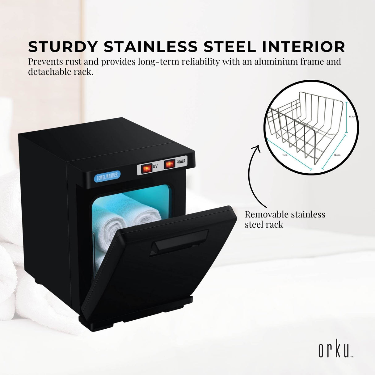 Compact 5L Black Electric Towel Warmer with UV Steriliser and Hygienic Sanitisation Features