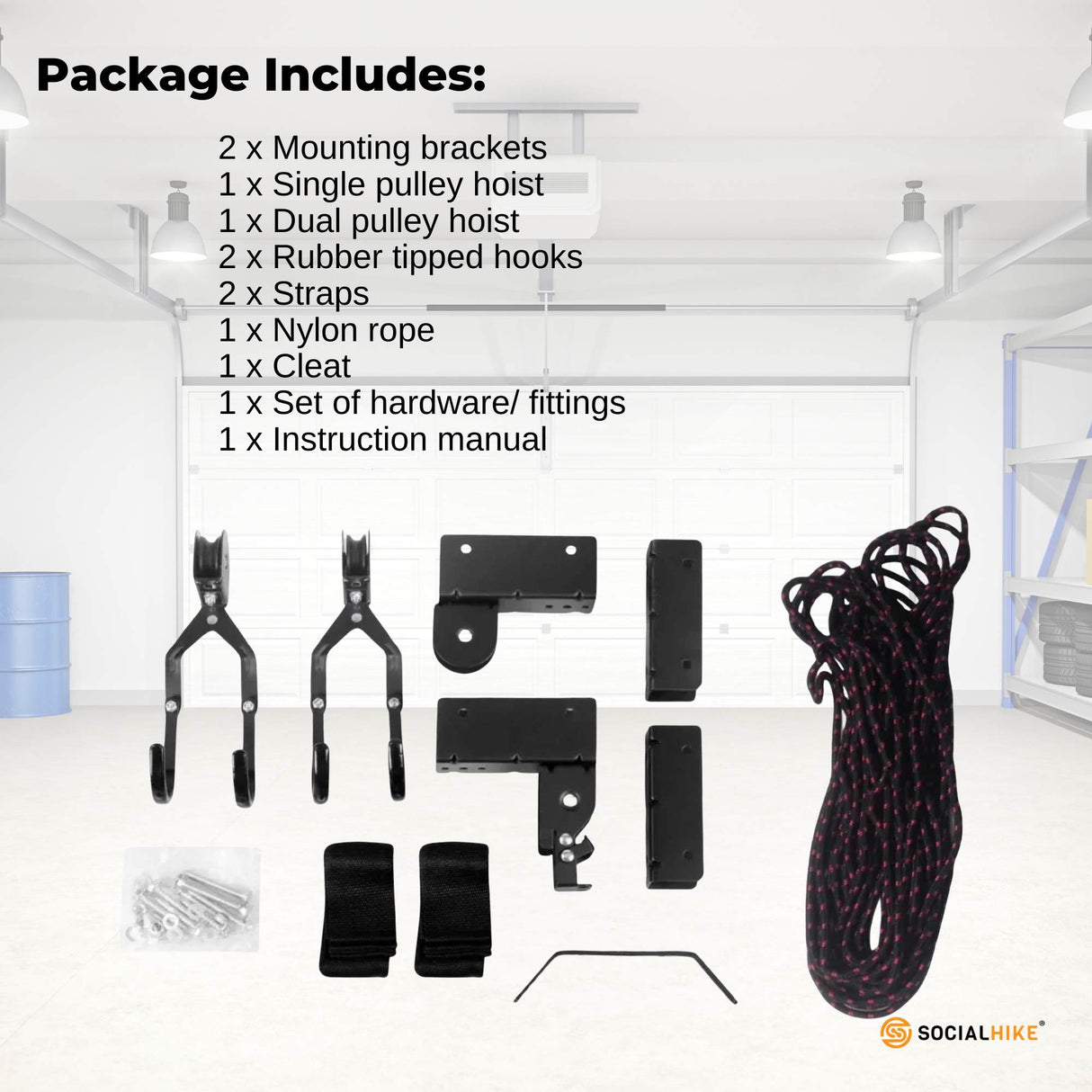 Social Hike Kayak Hoist - 34kg Garage Ceiling Pulley Lift for Kayak Bike Storage