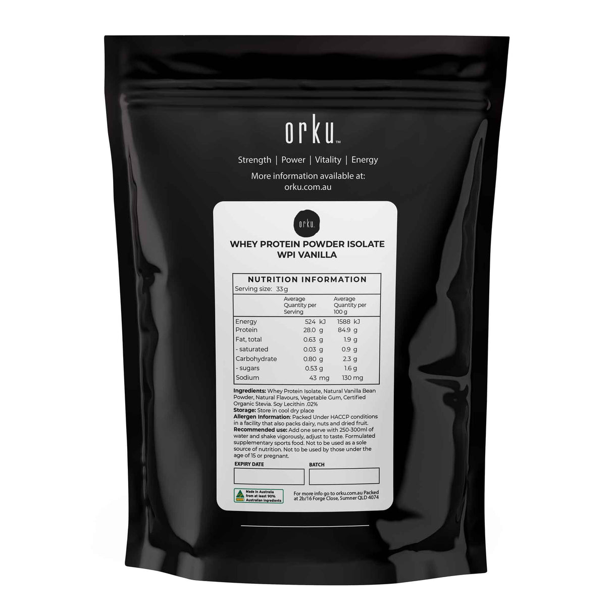 Orku 1Kg WPI Whey Protein Isolate Powder - Vanilla Bag | Sports Food