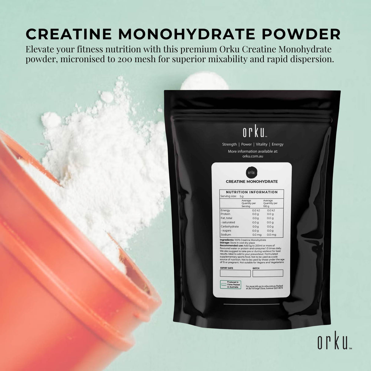 Orku 1Kg Creatine Monohydrate Powder – 200 Mesh Micronised | 99.9% Purity