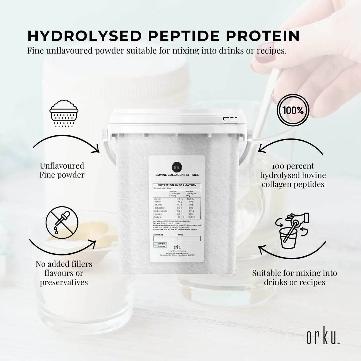 Orku 600g Bovine Collagen Peptides Powder Tub Hydrolysed Protein