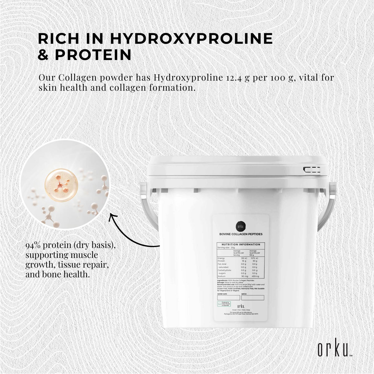 2.5Kg Collagen Powder Bucket - Bovine Protein Peptide Supplement Unflavoured