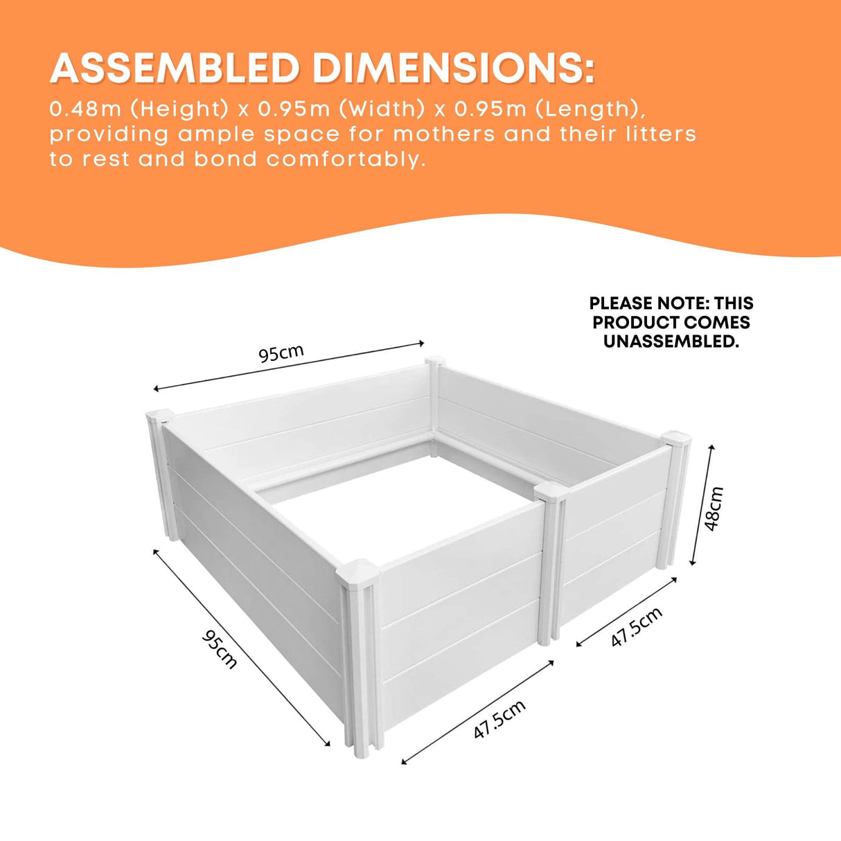 Rooster Farms Dog Whelping Box 0.95m x 0.95m x 0.48m - Puppy Birthing PVC Pen