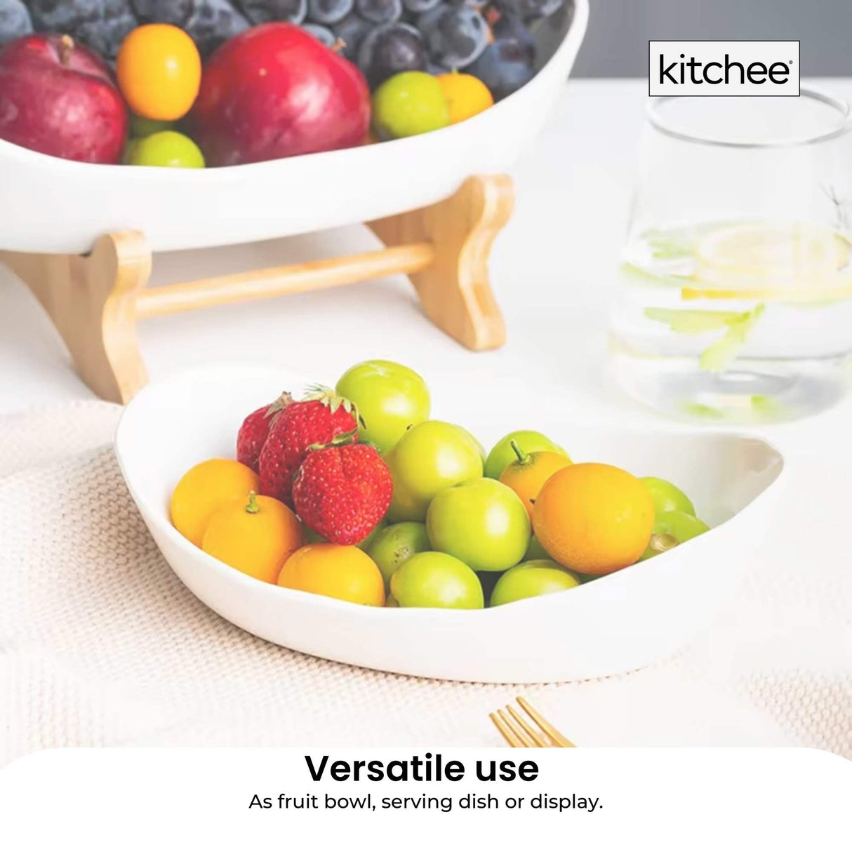 Elegant 2-Tier Ceramic Fruit and Vegetable Display Stand with Bamboo Base