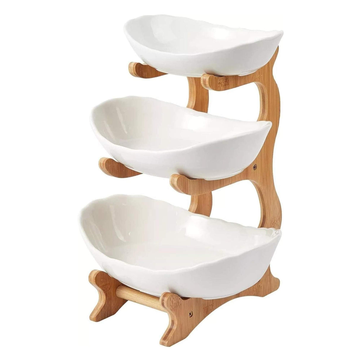 Elegant 3-Tier Porcelain Serving Stand with Bamboo Base for Fruits and Vegetables