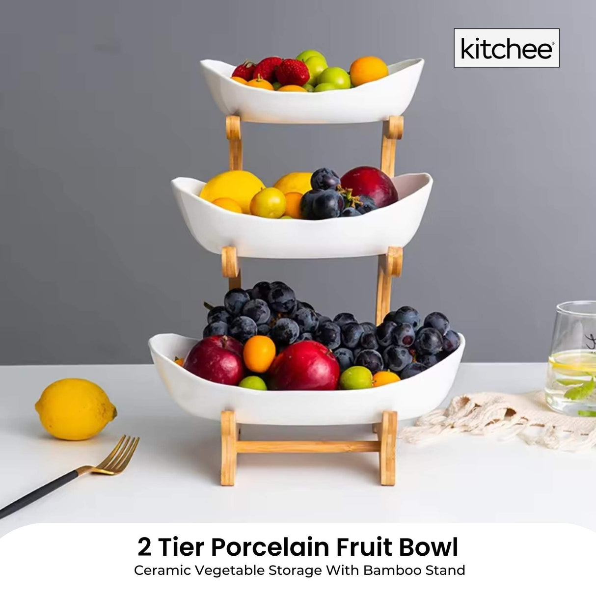Elegant 3-Tier Porcelain Serving Stand with Bamboo Base for Fruits and Vegetables