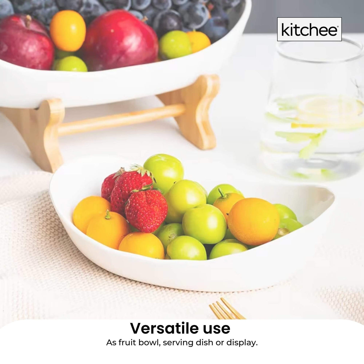 Elegant 3-Tier Porcelain Serving Stand with Bamboo Base for Fruits and Vegetables