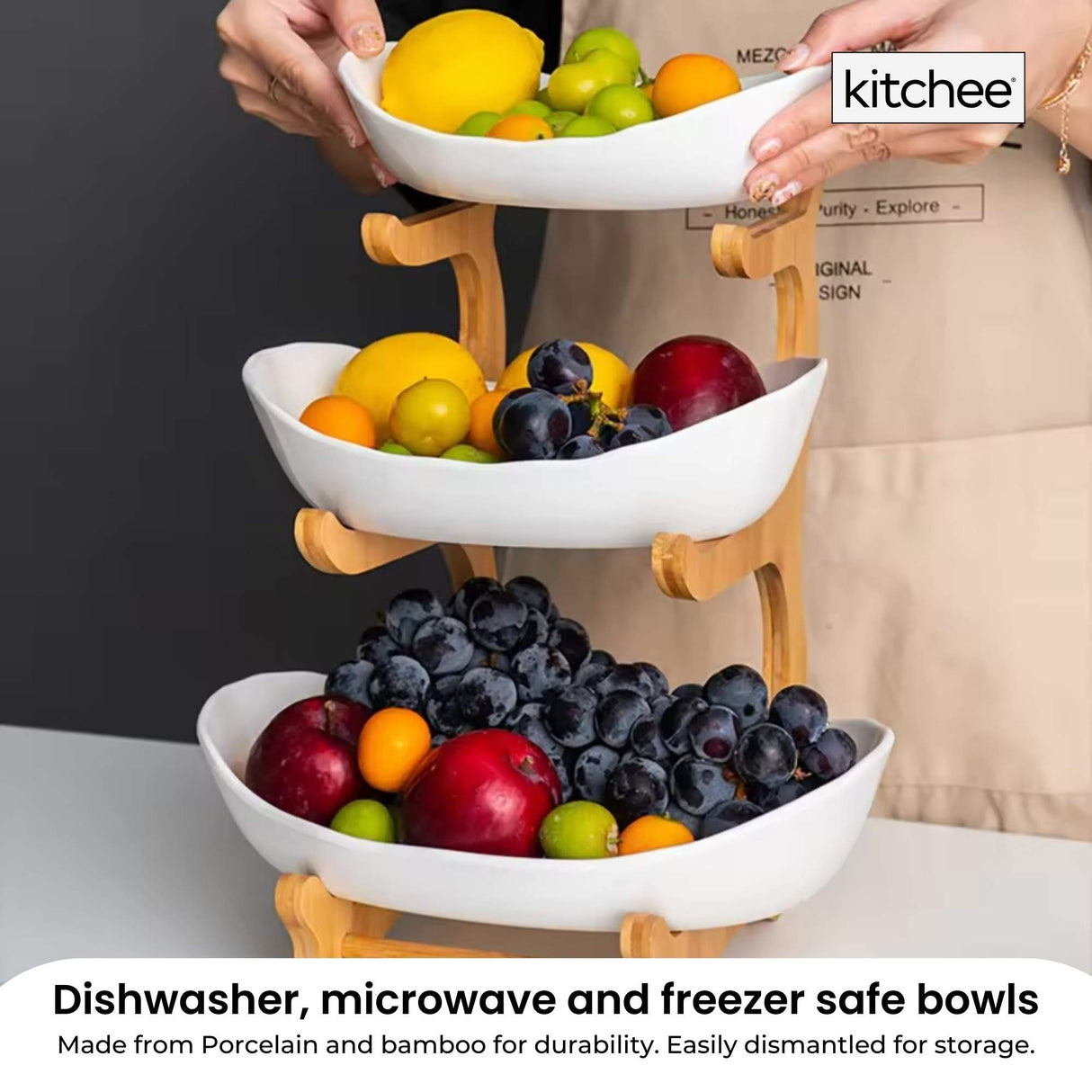 Elegant 3-Tier Porcelain Serving Stand with Bamboo Base for Fruits and Vegetables