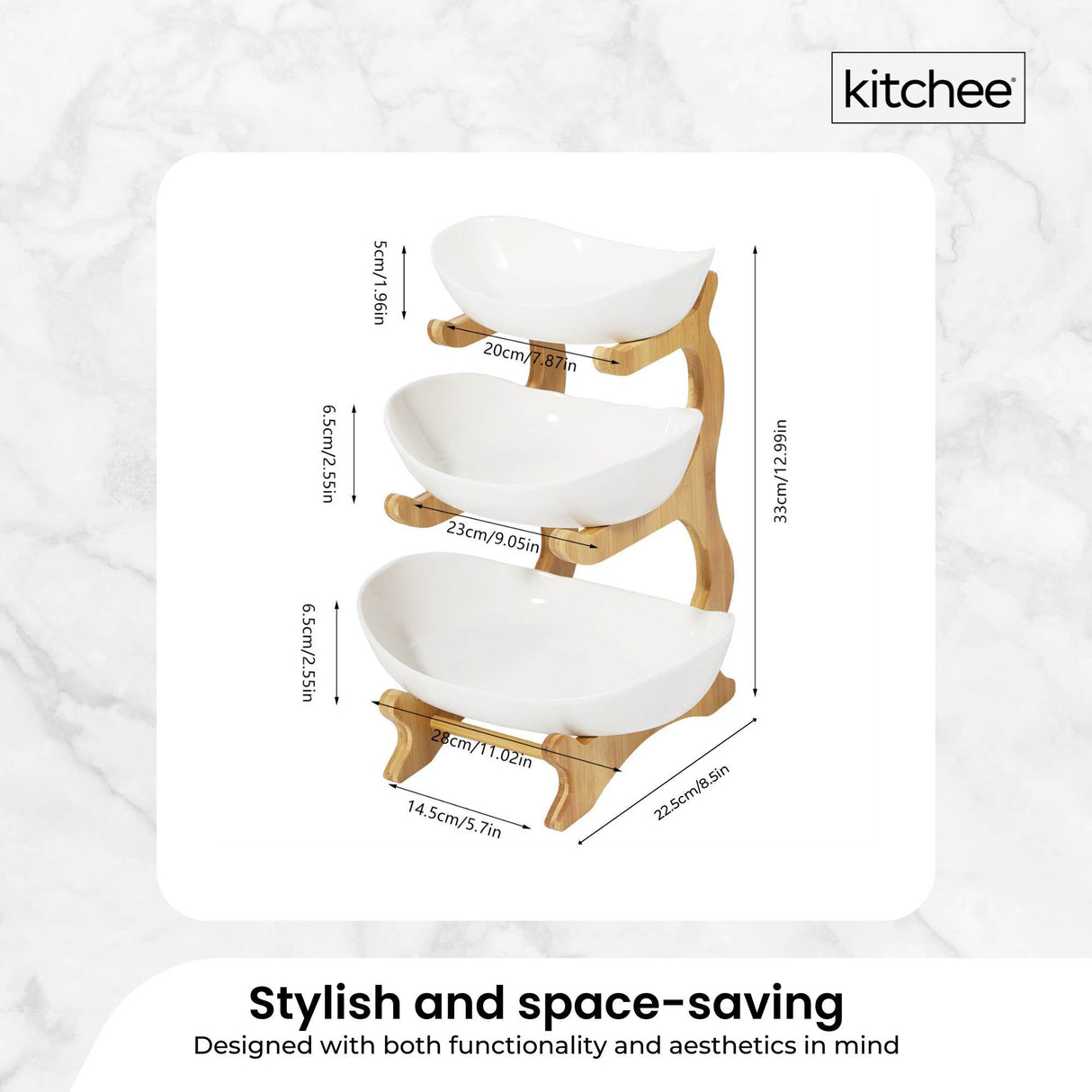 Elegant 3-Tier Porcelain Serving Stand with Bamboo Base for Fruits and Vegetables
