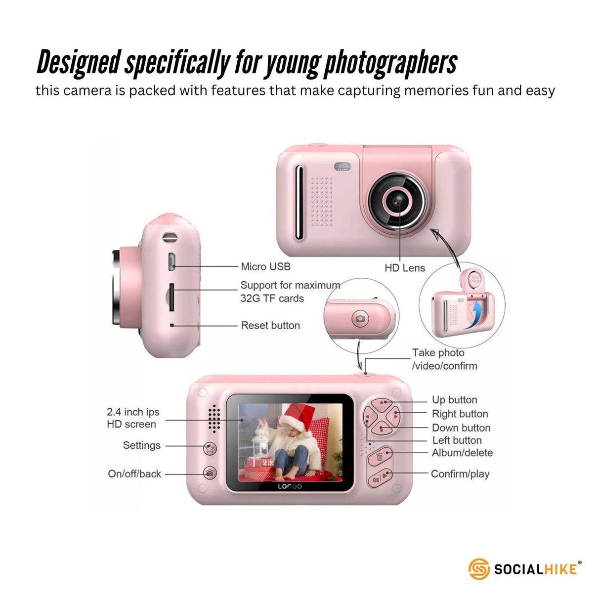 Adorable Pink Kids HD Digital Camera - Creative Selfie & Video Maker with 2.4 Inch Screen