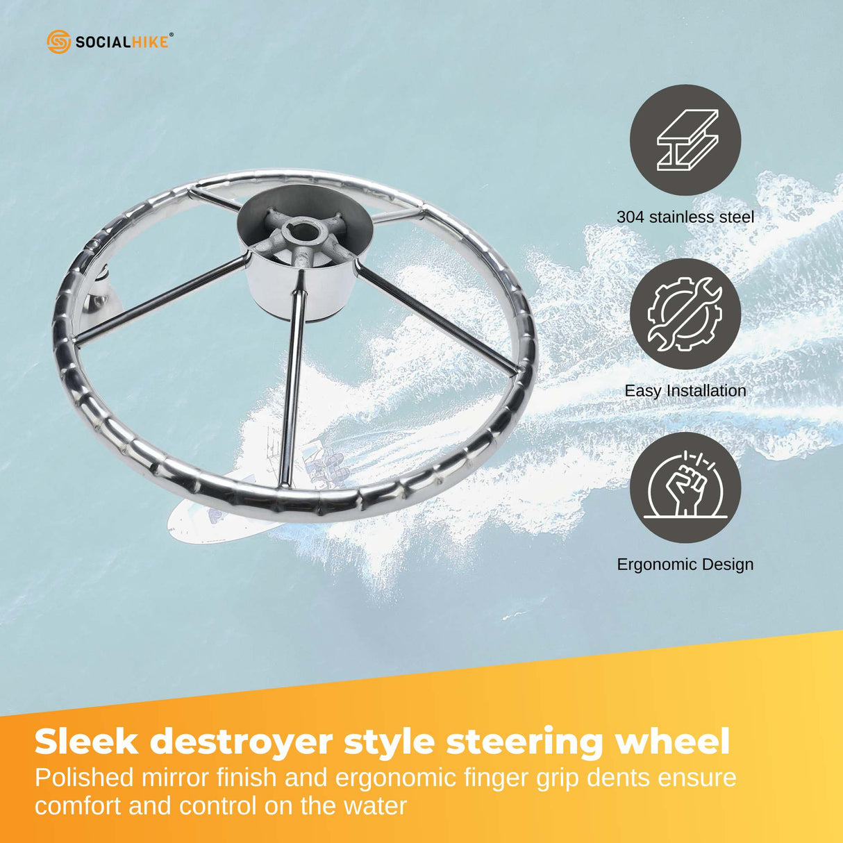 13.5 Polished Stainless Steel Boat Steering Wheel - 5 Spoke with Ergonomic Knob for 3/4 Shaft