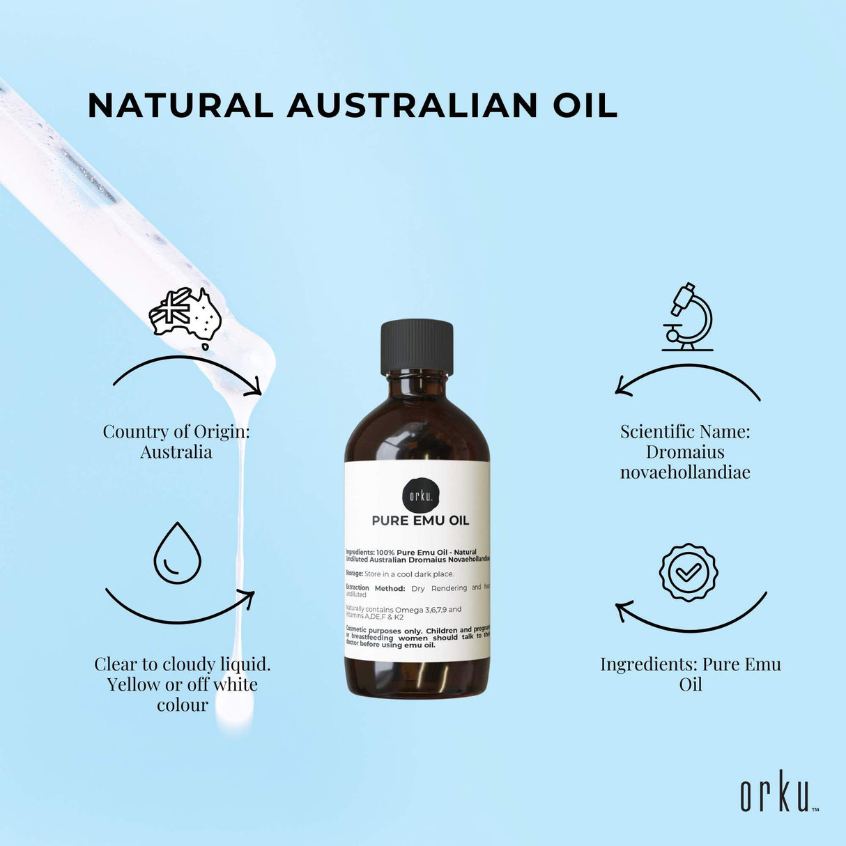 Orku 100ml Premium Pure Emu Oil - Undiluted Natural Extract from Australia