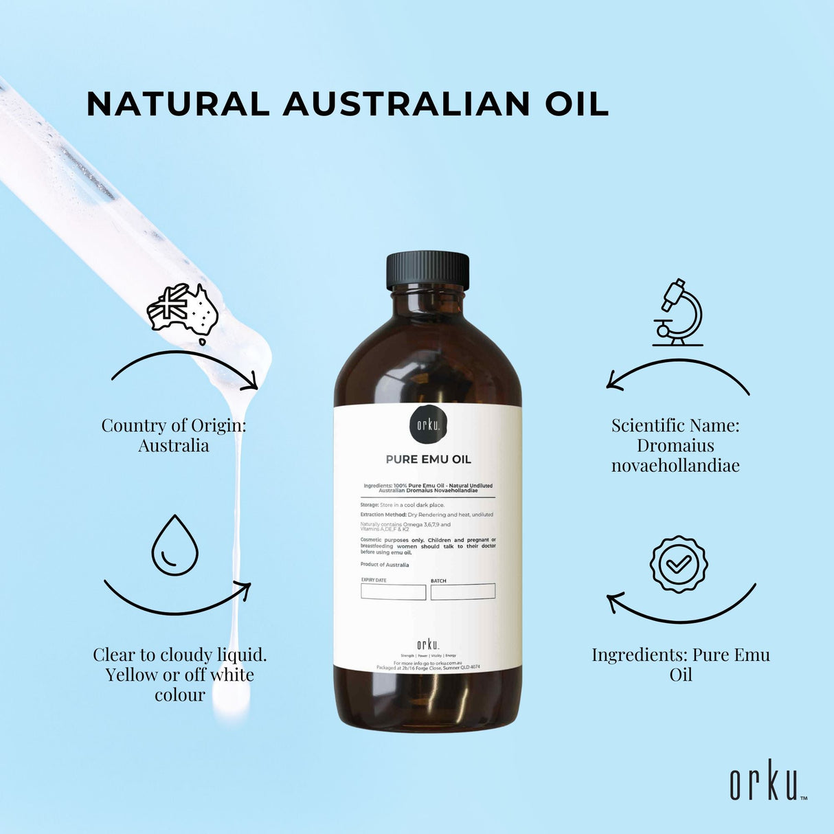 Orku 500ml Premium Pure Emu Oil - Authentic Australian Dromaius Novaehollandiae