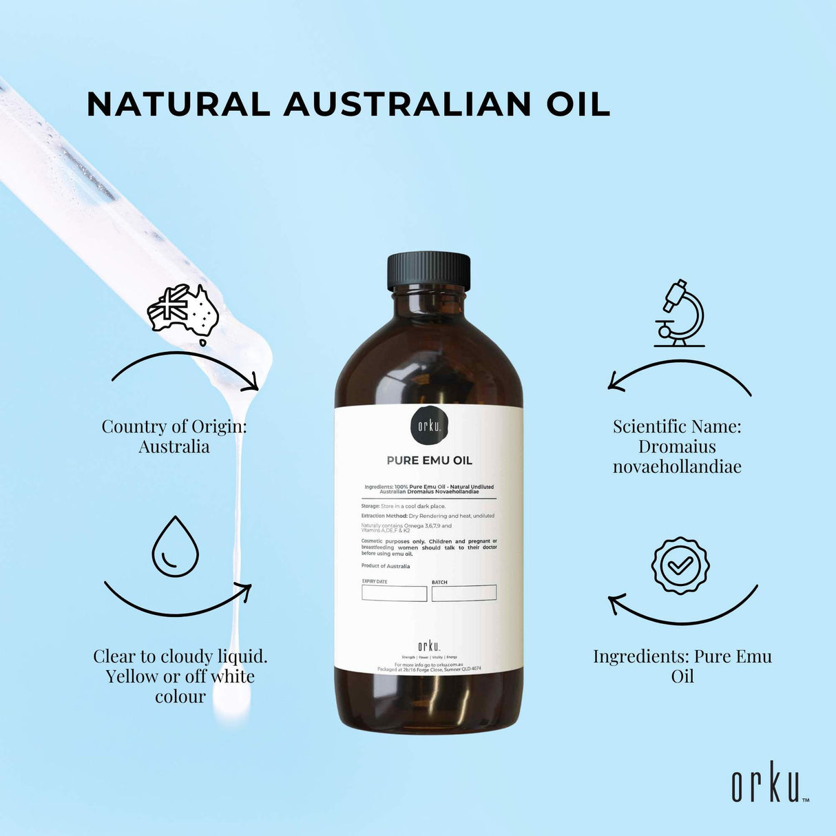Orku 1L Premium Australian Emu Oil - Pure & Natural Dromaius Novaehollandiae
