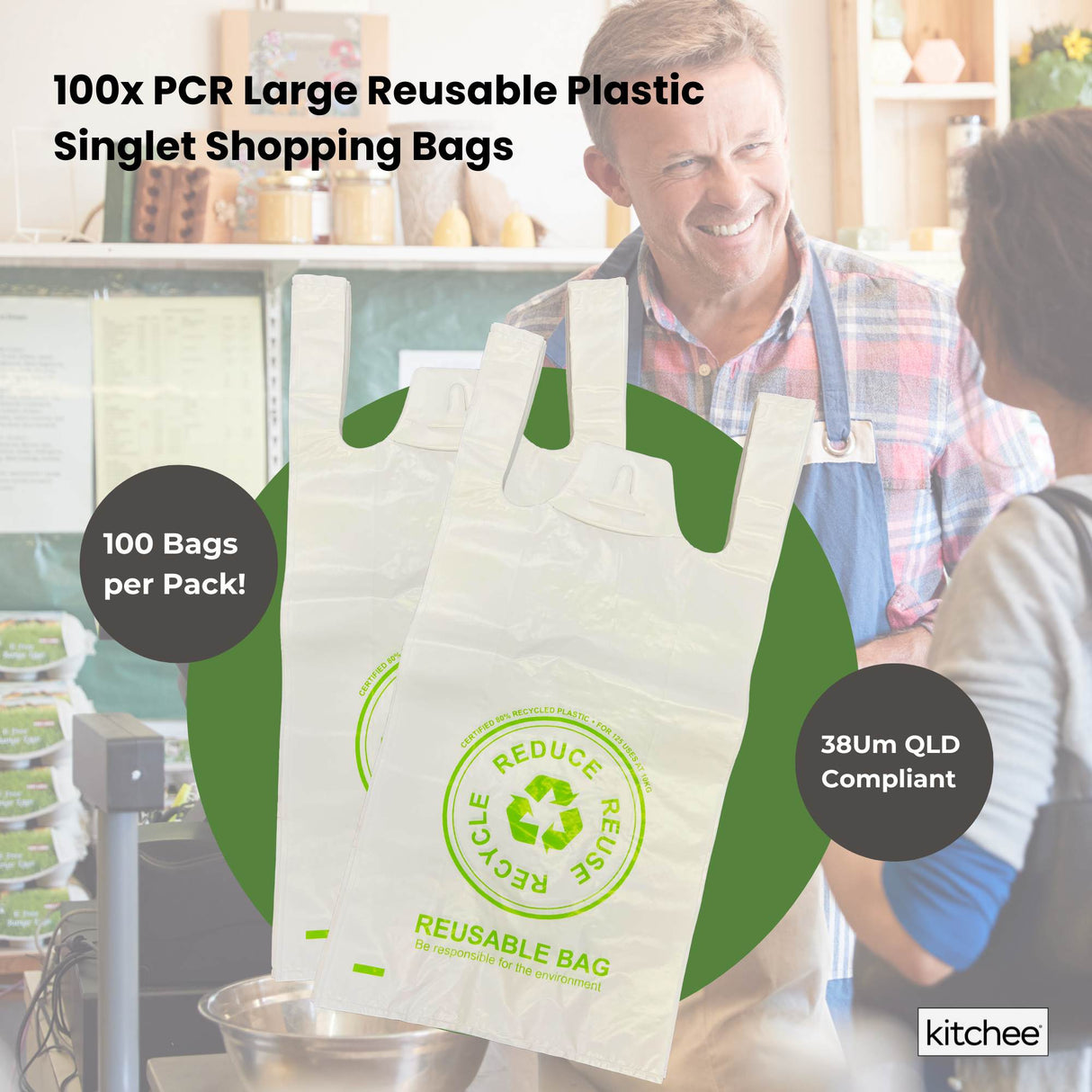 1000x Medium Reusable Plastic Singlet Shopping Bags 80% Recycled 38UM Compliant