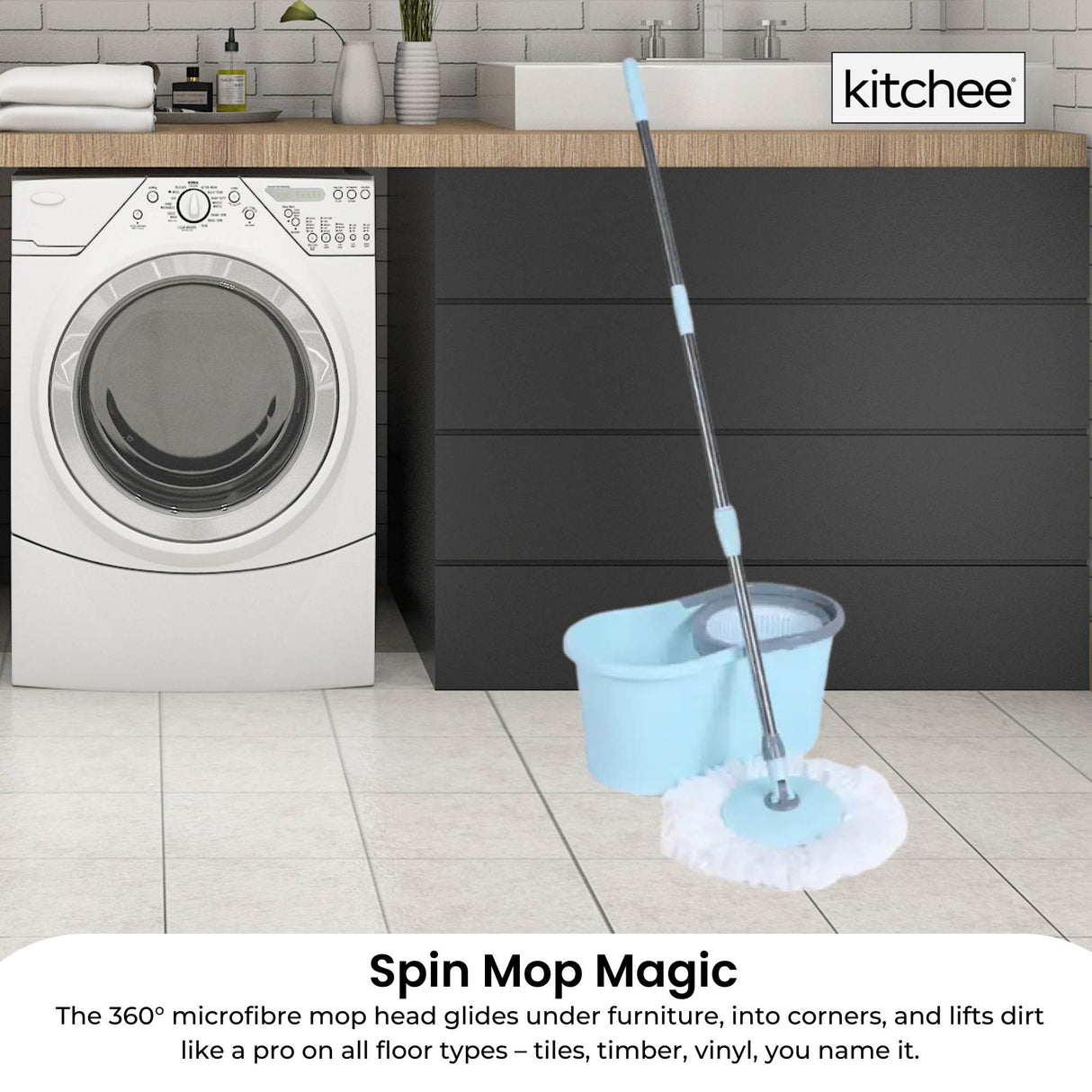Kitchee Spin Mop & Bucket Set – Microfibre Pad, Telescopic Handle, 10L Capacity